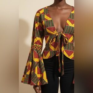 Upcycled handmade Vibrant Multicolor one sleeve peplum tie front Top size M